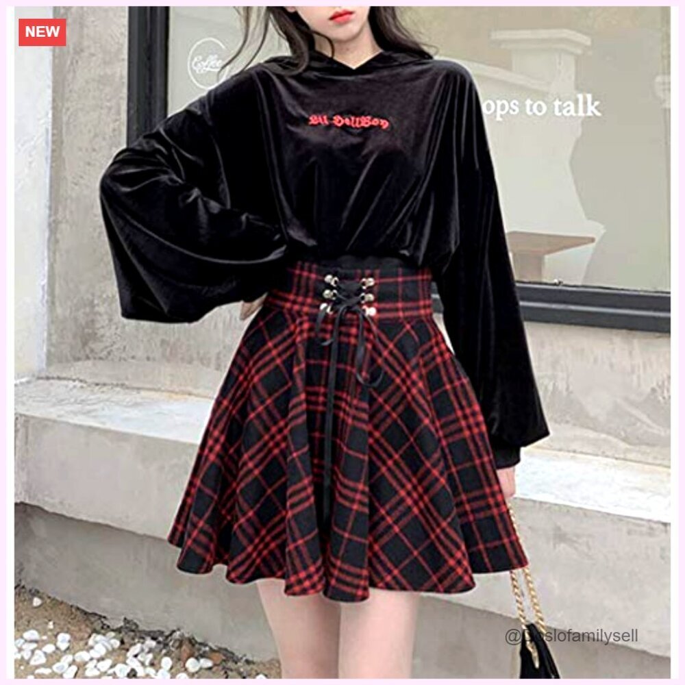 High Waisted Pleated Mini Skirt, A-Line Flare, Polyester Blend, Gothic Style - Picture 2 of 6